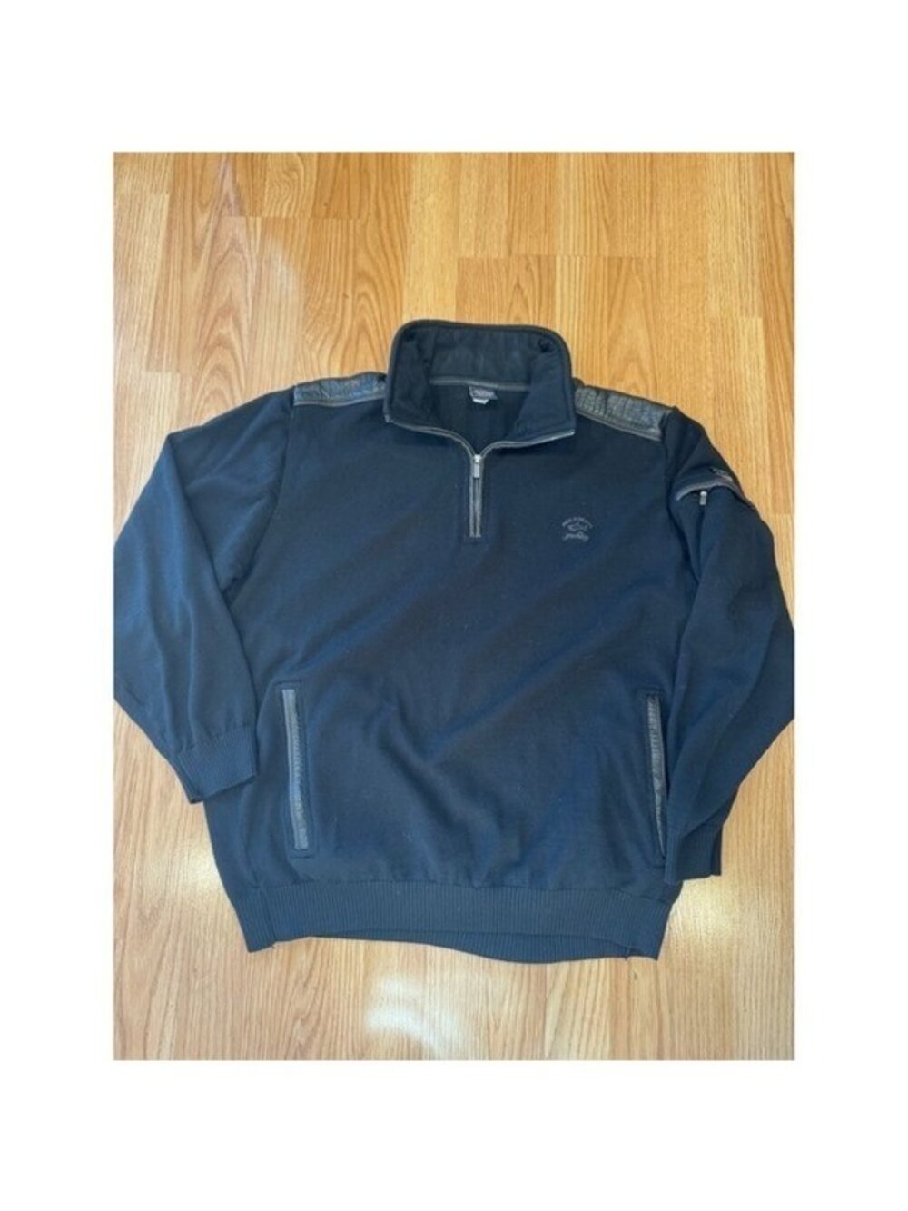 Paul & Shark Yachting Mens Black Wool Quarter Zip Sweater Leather Trim Large